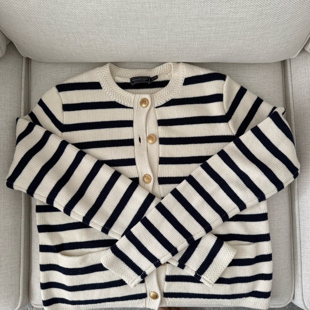 Vineyard Vines Navy and White Women's Cotton/Cashmere Cardigan